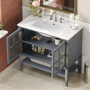 English Elm Christopher Knight Home® - 36" Bathroom Vanity with Ceramic Sink, Solid Wood Legs, Waterproof Finish, Soft-Close Hinges, Open Shelf, Silver Knobs Gray N817P286249G