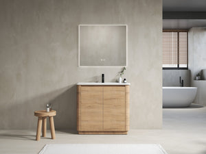 English Elm 36'' Freestanding Bathroom Vanity with White Ceramic Sink, Soft-Close Doors, Plywood, Adjustable Shelves W999P351896