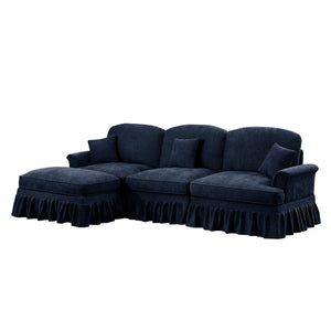 English Elm Mid Century three-seater modular L-shaped sectional sofa with removable ruffle skirts, chenille comfort and spindle legs — versatile, elegant seating solution Blue W3041S00256