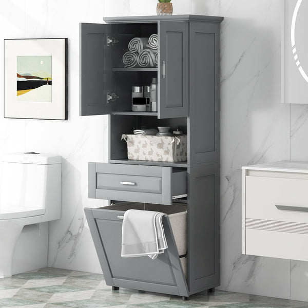 English Elm Tall Bathroom Cabinet with Tilt-Out Laundry Hamper, Adjustable Shelves, Anti-Tip Design & Large Storage Grey WF323481AAE