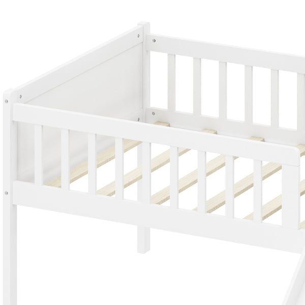 English Elm Twin Platform Kids Bed with Slide Ladder Guardrails Storage Shelf Wood Frame White N733S415411K