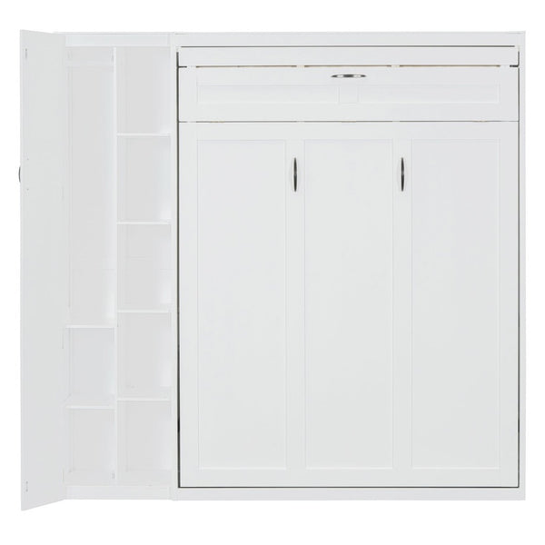 English Elm Full Size Murphy Bed with Open Shelving Wardrobe and Led Lighting for Studio Spaces White LP000898AAK