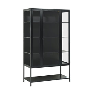 English Elm 67.25'' Tall Steel Curio Cabinet with Led Lighting and Tempered Glass Panels Black SN845P263995B