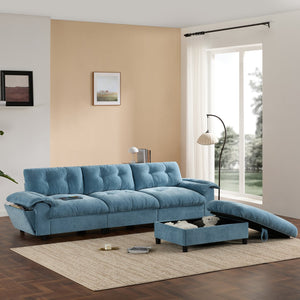 English Elm 104*60" Sectional Sofa with Hidden Ottoman Storage, Tufted Chenille, USB Ports, Cup Holder Light Blue N723S9806C