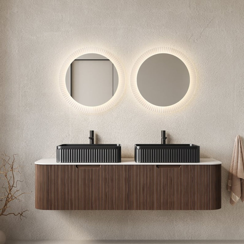 English Elm Dina 60 Inch Floating Bathroom Vanity Sintered Stone Top Dual Glass Basins Wood Grain Black,Carrara White,Dark Walnut W2615S00198