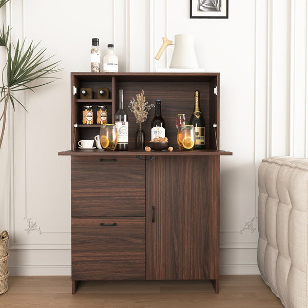 English Elm Desk Walnut Fold-Up Cabinet with Drawer & Shelves — Space-Saving Desk for Home Office Dorms, 31.5" W409P171382