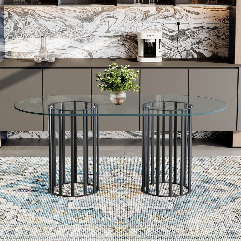 English Elm 71 Inch Oval Tempered Glass Dining Table Black Metal Base Seats Eight Modern W1151P416029