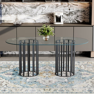 English Elm 71 Inch Oval Tempered Glass Dining Table Black Metal Base Seats Eight Modern W1151P416029
