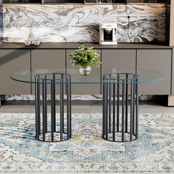 English Elm 71 Inch Oval Tempered Glass Dining Table Black Metal Base Seats Eight Modern W1151P416029