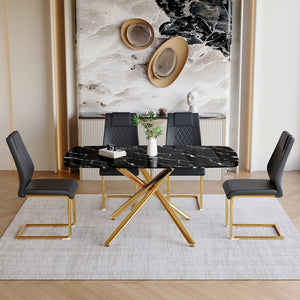 English Elm Table and Chair Set Marble Tempered Glass Top Gold Sculptural Legs Four Pu Seats Black+Gold W1151S03292