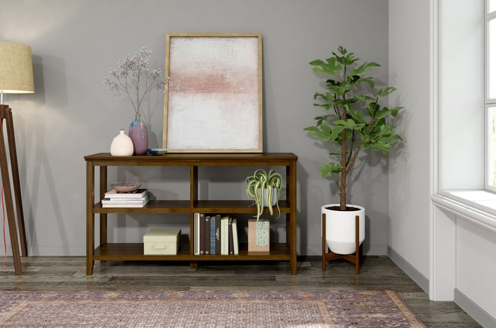 English Elm Wood Open Shelf Bookcase Walnut Finish Mid Century Modern Low Profile Living Room Chestnut B2751P436406