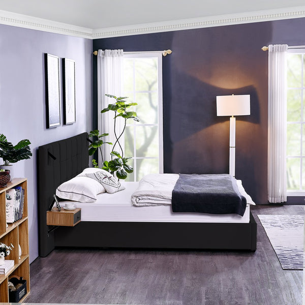 English Elm King Size Hydraulic Velvet Platform Bed With Usb, Reading Lamps & Storage Shelves For Modern Spaces W1413S00108