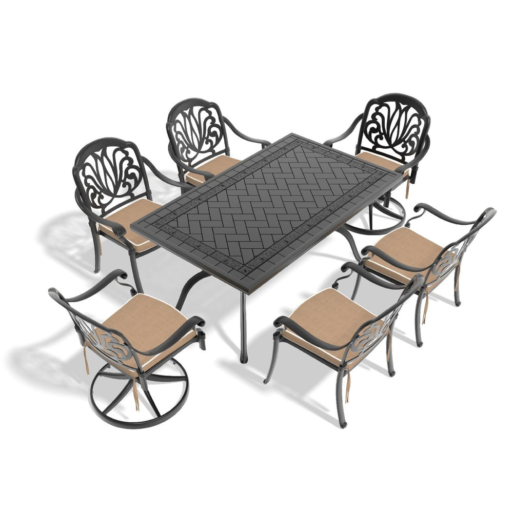English Elm 7-piece Cast Aluminum Outdoor Dining Set with Carved Relief Detail and Swivel Chairs W1710S00619