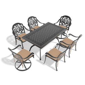 English Elm 7-piece Cast Aluminum Outdoor Dining Set with Carved Relief Detail and Swivel Chairs W1710S00619