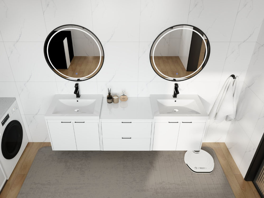 English Elm 72" Float Mount Double Sink Bathroom Vanity Glossy White Plywood Soft Close W999S00536