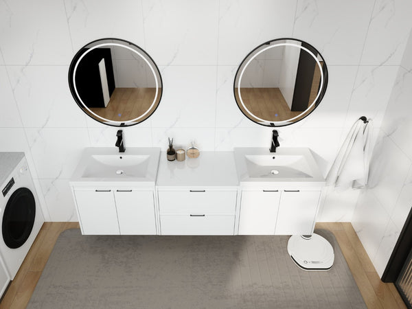 English Elm 72" Float Mount Double Sink Bathroom Vanity Glossy White Plywood Soft Close W999S00536