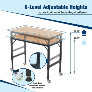 English Elm 48" Heavy-Duty Adjustable Workbench – Mobile Rubberwood Table With Steel Frame, 2000 Lbs Capacity W1422P218518
