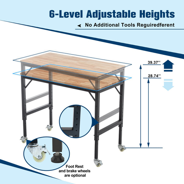 English Elm 48" Heavy-Duty Adjustable Workbench – Mobile Rubberwood Table With Steel Frame, 2000 Lbs Capacity W1422P218518