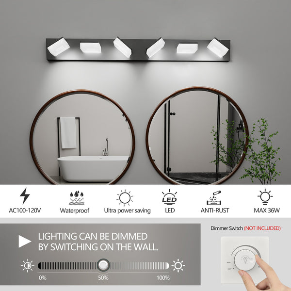 English Elm Led Modern 6-Light Bathroom Vanity Light Fixture - Dimmable Matte Black Over Mirror Lighting, 6000K W2312P374941