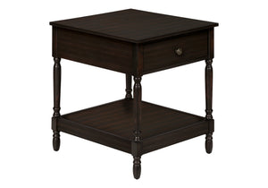 English Elm Accent Square Two-Tier Table with Grooved Top and Turned Legs, Compact Nightstand with Shelf, Brown Veneer Walnut 28 L x 25 W x 8 H B2710P219483