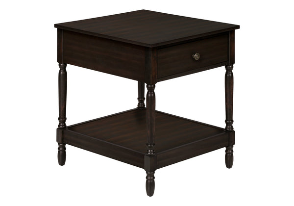 English Elm Accent Square Two-Tier Table with Grooved Top and Turned Legs, Compact Nightstand with Shelf, Brown Veneer Walnut 28 L x 25 W x 8 H B2710P219483