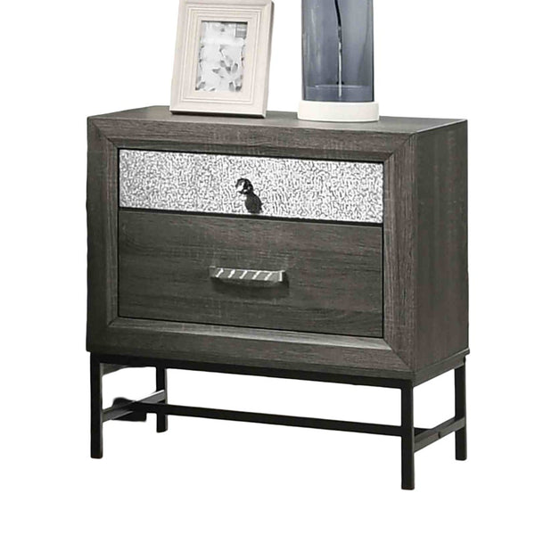 English Elm Contemporary Two Drawer Nightstand Gray Finish Acrylic Pulls Metal Legs Bedroom B2741P435307