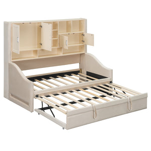 English Elm Twin Upholstered Daybed with LED Armrest Lighting, Hidden Storage Shelves & Lift-Up Pull-Out Trundle Beige SF000198AAA