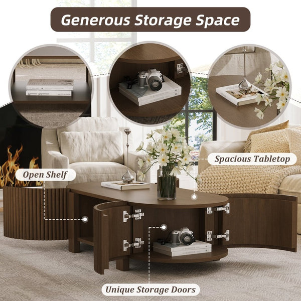 English Elm Oval Fluted Rubberwood Coffee Table with Open Storage Shelf for Living Room Walnut N735P369880D
