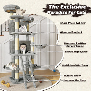English Elm Large 7 Tier Plush Cat Tree with Dual Condos Hammock Sisal Posts for Multi Cat Homes Gray W1578P447623