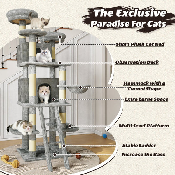 English Elm Large 7 Tier Plush Cat Tree with Dual Condos Hammock Sisal Posts for Multi Cat Homes Gray W1578P447623