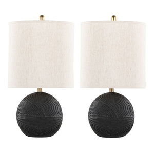 English Elm Kona 23" Contemporary Polyresin Table Lamp Set of 2 in Matte Black with Brass Accents & Linen Shade, Warm Glow B202P224001
