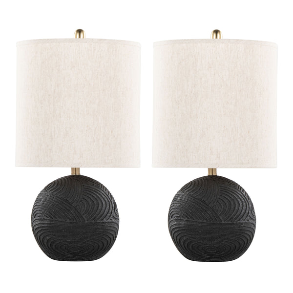 English Elm Kona 23" Contemporary Polyresin Table Lamp Set of 2 in Matte Black with Brass Accents & Linen Shade, Warm Glow B202P224001