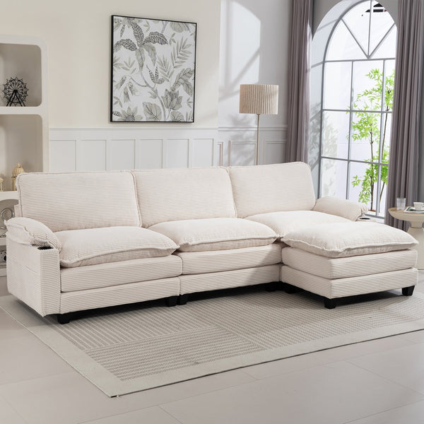 English Elm 113" Modern 3+1 L-Shaped Corduroy Sofa with Double-Layer Cushions, Cup Holders & Storage Bags Beige W2715S00005