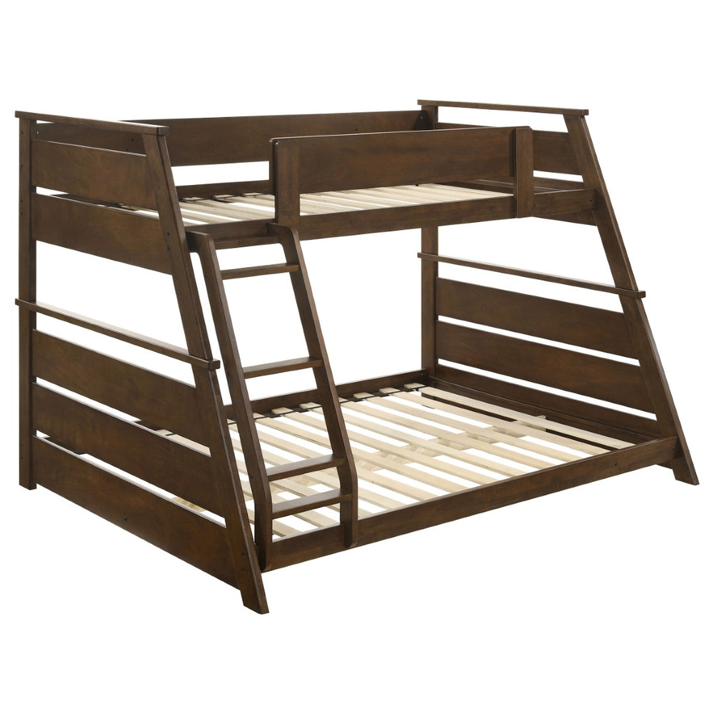 English Elm Reeder Walnut Finish Twin Over Full Bunk Bed Solid Wood Frame for Kids Shared Rooms B062S01557