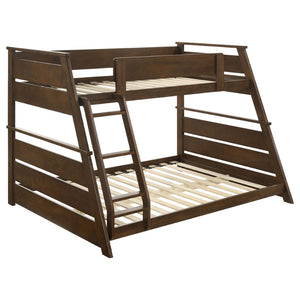 English Elm Reeder Walnut Finish Twin Over Full Bunk Bed Solid Wood Frame for Kids Shared Rooms B062S01557
