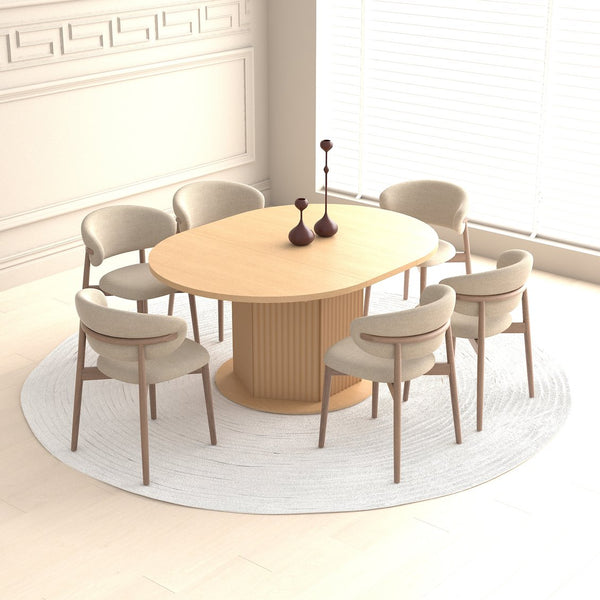 English Elm Round Adjustable Dining Table 47–63" for 4–6, Light Brown MDF & Rubberwood, Bump-Texture Base, 300lb Capacity W1347P296655