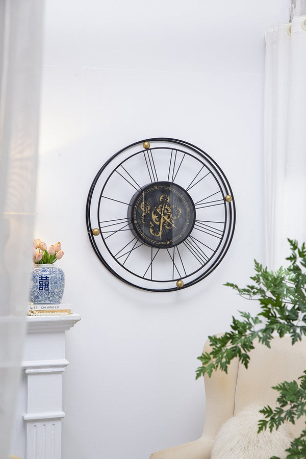 English Elm 31.5x3x31.5" Large Gear Clock with Roman Numerals, Thin Black Iron Frame and Gold Accents, Silent Moving Gears for Living Room Statement Piece W2078P373017