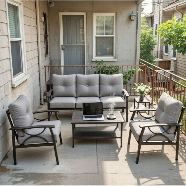 English Elm 5-piece Outdoor Conversation Set with Steel Frame Weather Resistant Cushions Patio Seating Gray B082S00128