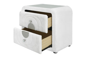 English Elm Shelyn Plush White Teddy Sherpa Nightstand with Glass Top, Crystal Knob & Chrome Accents, 70lb Limit B2726P313164