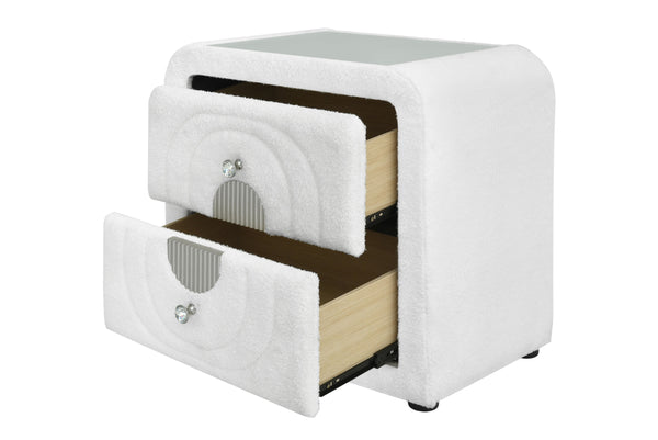 English Elm Shelyn Plush White Teddy Sherpa Nightstand with Glass Top, Crystal Knob & Chrome Accents, 70lb Limit B2726P313164