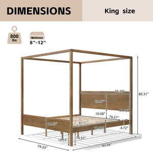 English Elm King Four Post Canopy Bed Solid Rubberwood Antique Oak Finish Farmhouse Bedroom N758K083839N