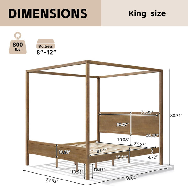 English Elm King Four Post Canopy Bed Solid Rubberwood Antique Oak Finish Farmhouse Bedroom N758K083839N