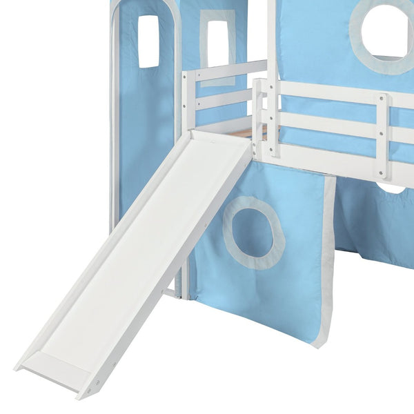 English Elm Twin Castle Loft Bed with Slide Tent and Tower Pinewood Playhouse Frame for Kids N708P249475C