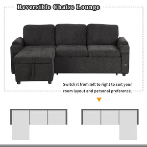 English Elm 83.5" L-shaped Sofa Couch Convertible Sectional with Reversible Chaise, Hidden Storage, USB Ports Black N719S001790B