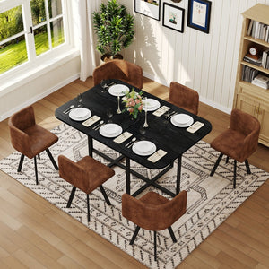 English Elm 7 Piece Rectangular Dining Set with Suede Chairs Black Wood Grain Table Modern Rustic W3875S00097