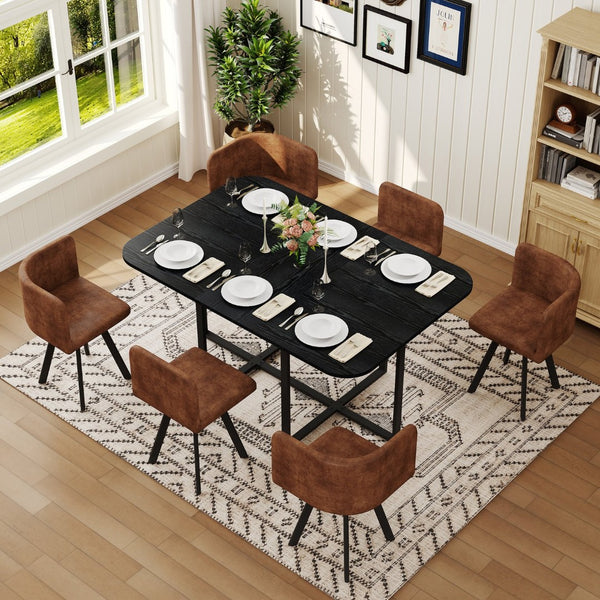 English Elm 7 Piece Rectangular Dining Set with Suede Chairs Black Wood Grain Table Modern Rustic W3875S00097