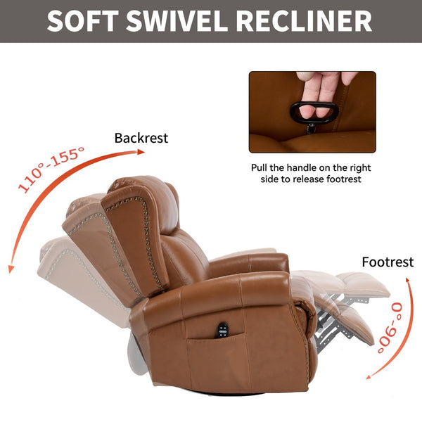 English Elm Heat Massage Swivel Rocker Recliner in Genuine Leather for Living Room Comfort W3224S00015
