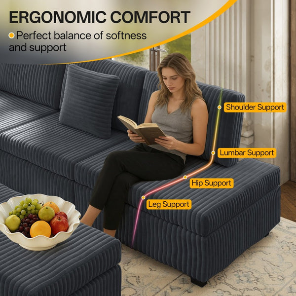 English Elm 110.2" Corduroy Sectional Sleeper Sofa with Ottoman Usb Ports Storage Armrests Living Room Dark Gray W3219S00012
