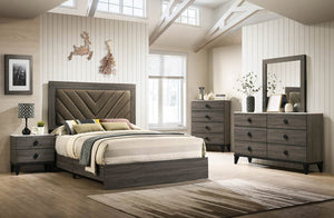 English Elm QUEEN Dark Gray Oak Bed with Rustic Accents — Upholstered 2-Tone Brown Fabric Headboard, 57"H B089113028