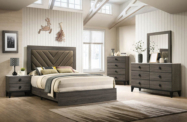 English Elm QUEEN Dark Gray Oak Bed with Rustic Accents — Upholstered 2-Tone Brown Fabric Headboard, 57"H B089113028